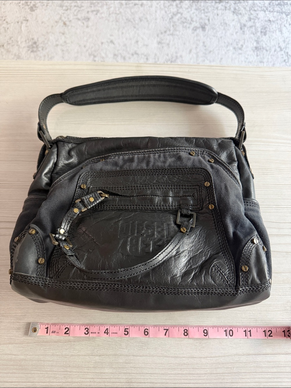 Diesel Black Leather Shoulder Satchel with Brass Studs - Picture 12 of 14